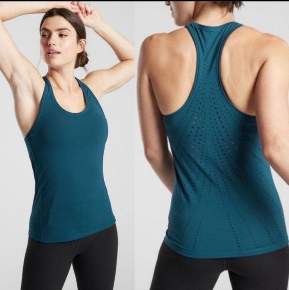 ATHLETA Shanti laser cut dot racerback teal green tank top